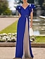 cheap Evening Dresses-Sheath Evening Gown Elegant Mother Dress Formal Blue Wedding Guest Floor Length Short Sleeve V Neck Stretch Crepe with Pleats Crystals 2024