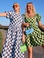 cheap Print Dresses-Summer New Green Black Plaid Bubble Sleeves Square Neck Dress Sweet and Cute Casual Doll Dress