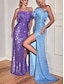 cheap Prom Dresses-Mermaid / Trumpet Prom Dresses Sparkle Dress Prom Birthday Sweep / Brush Train Sleeveless Strapless Sequined with Feather Sequin Slit blue wedding guest dress 2024