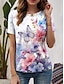 billige T-skjorter til kvinner-Dame T skjorte Blomstret Trykt mønster Avslappet Ferie Mote Kortermet Crew-hals Hvit Sommer