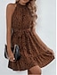 Χαμηλού Κόστους Print Φορέματα-Γυναικεία Καθημερινό φόρεμα Πουά Με Βολάν Στάμπα Στρογγυλή Ψηλή Λαιμόκοψη Μίνι φόρεμα Διακοπές Παραλία Αμάνικο Καλοκαίρι