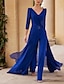 cheap Mother of the Bride Dresses-Jumpsuit / Pantsuit Mother of the Bride Dress Formal Wedding Guest blue Elegant Vintage Straight Neckline V Neck Floor Length Chiffon 3/4 Length Sleeve with Ruched Cascading Ruffles 2024