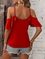 Недорогие Базовые плечевые изделия для женщин-Футболка Жен. Красный Полотняное плетение Оборки Холодный прием Для улицы Повседневные Мода Стандартный S