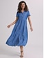 Χαμηλού Κόστους απλά φορέματα-γυναικείο τζιν πουκάμισο φόρεμα μάξι μακρύ φόρεμα σκούρο μπλε σιέλ κοντομάνικο μονόχρωμο κουμπί τσέπη άνοιξη καλοκαιρινό πουκάμισο γιακάς hot casual vintage 2023 s m l xl xxl 3xl / χαλαρό