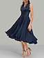 cheap Wedding Guest Dresses-A-Line Blue Wedding Guest Dresses Elegant Dress Formal Summer Tea Length Sleeveless One Shoulder Convertible Satin with Ruched 2024
