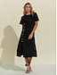Недорогие повседневное платье-Женское базовое черное платье миди с короткими рукавами и круглым вырезом