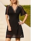 billige ensfargede kjoler-kvinners svart kjole minikjole modal blonder lappeteppe date elegant basic v-hals kort, gjennomsiktig ermet flutter-erme vårsommer