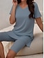 preiswerte Zweiteilige Anzüge für Damen-Damen T Shirt Shorts-Sets Feste Farbe Bedruckt Casual Modisch Kurzarm V Ausschnitt Schwarz Sommer