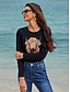 Χαμηλού Κόστους Γυναικεία T-Shirts-Γυναικεία Μπλουζάκι 100% Βαμβάκι Αγελάδα Σπίτι Causal Καθημερινά Στάμπα Μαύρο Μακρυμάνικο δυτικός Μπόχο Στάμπα Στρογγυλή Λαιμόκοψη Όλες οι εποχές