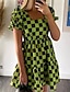 cheap Print Dresses-Summer New Green Black Plaid Bubble Sleeves Square Neck Dress Sweet and Cute Casual Doll Dress