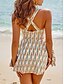 cheap Designer Swimwear-Shirred Leaf Print V Neck Swim Dress