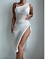 abordables robes unies-robe blanche Robe d’été Vêtement couvrant Femme Robe mi-longue Ouvert Fendu Vacances Plage Sexy Une Epaule Sans Manches Standard Noir Blanche S M L XL