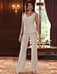 cheap Mother of the Bride Pantsuits-Jumpsuit / Pantsuit 3 Piece Mother of the Bride Dress Formal Wedding Guest Elegant Luxurious V Neck Floor Length Chiffon Lace Sleeveless Wrap Included with Beading Sequin 2024