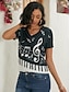Χαμηλού Κόστους Γυναικεία T-Shirts-Γυναικεία Μπλουζάκι Φλοράλ Μουσική Στάμπα Καθημερινά Σαββατοκύριακο Βασικό Κοντομάνικο Λαιμόκοψη V Μαύρο