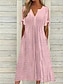cheap Plain Dresses-Women&#039;s White Dress Midi Dress Pocket Eyelet Date Streetwear Split Neck Short Sleeve Black White Pink Color