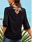abordables Blusas y camisas de mujer-Mujer Tops de verano Blusa Bordado Negro Media Manga Vintage Estilo Bohemio Casual Escote en Pico Verano Primavera