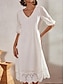 Χαμηλού Κόστους σχέδιο βαμβακερά &amp; λινά φορέματα-Γυναικεία Φόρεμα ριχτό από τη μέση και κάτω Μίντι φόρεμα Βαμβακερά λευκά είδη Δαντέλα Κουρελού Διακοπές Φουσκωτό Μανίκι Λαιμόκοψη V Μισό μανίκι Καλοκαίρι Άνοιξη Φθινόπωρο Λευκό