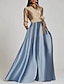 cheap Evening Dresses-A-Line Evening Gown Elegant Dress Formal Floor Length 3/4 Length Sleeve Shirt Collar Satin with Slit Strappy 2024
