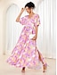 cheap Print Dresses-Women&#039;s Floral Maxi Dress Pink A Line Tie Waist Split Thigh V-neck Flutter Sleeve Elegant Vacation Beach Wedding Guest Summer