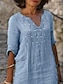 preiswerte Kleider aus Baumwolle und Leinen entwerfen-Damen Casual kleid Baumwoll-Leinenkleid Etuikleid Midikleid Grundlegend Basic Täglich V Ausschnitt Halbe Ärmel Sommer Frühling Blau Glatt