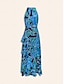 voordelige casual jurkje met print-Dames Chiffon jurk Maxi-jurk blauw Mouwloos Bloemig Ruche Opdrukken Lente zomer Ronde Patroon jurk S M L