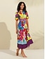 voordelige casual jurkje met print-Midi-overhemdjurk met satijnen regenboogbloemenprint en riem