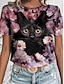 billiga T-shirts för damer-Dam T-shirt Blommig Djur Dagligen Helgen Mönster Purpur Kortärmad Mode Rund hals 3D cat Sommar