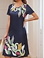 cheap Print Dresses-Women&#039;s Floral Print Crew Neck Midi Dress Short Sleeve Summer