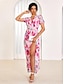 Χαμηλού Κόστους Print Φορέματα-Γυναικεία Σιφόν Φόρεμα σε γραμμή Α Φλοράλ Κουμπί Σκίσιμο Λαιμόκοψη V Φουσκωτό Μανίκι Μακρύ φόρεμα Κομψό Στυλάτο Διακοπές Κοντομάνικο Καλοκαίρι