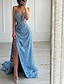 cheap Evening Dresses-A-Line Evening Gown Elegant Dress Formal Floor Length Sleeveless Strapless Sequined with Slit 2024