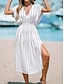 お買い得  プリントドレス-女性用 白いドレス スリット プリント Ｖネック ミディドレス 日常 デート 半袖 夏