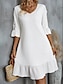 お買い得  無地ドレス-女性用 サマードレス 袖付きホワイトレースドレス ホワイトレースのウェディングドレス ミディドレス ボタン エレガント Ｖネック 半袖 ホワイト カラー