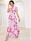 Χαμηλού Κόστους Print Φορέματα-Γυναικεία Σιφόν Φόρεμα σε γραμμή Α Φλοράλ Κουμπί Σκίσιμο Λαιμόκοψη V Φουσκωτό Μανίκι Μακρύ φόρεμα Κομψό Στυλάτο Διακοπές Κοντομάνικο Καλοκαίρι