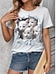 זול טישרטים לנשים-בגדי ריקוד נשים חולצה קצרה חיה יומי סוף שבוע דפוס לבן שרוולים קצרים אופנתי צווארון עגול 3D cat קיץ
