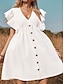 voordelige ontwerp katoenen en linnen jurken-Dames Witte jurk Casual jurk Katoenen linnen jurk Mini-jurk Ruche nappi Basic Dagelijks V-hals Korte mouw Zomer Lente Zwart Wit Effen