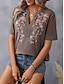 billige T-skjorter til kvinner-Dame Blondeskjorte T skjorte Blomstret Blonde Lapper Broderi Daglig Feriereise Mote Moderne Halvlange ermer V-hals Svart Sommer
