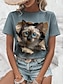 voordelige Dames T-shirts-Dames T-shirt dier Dagelijks Weekend Afdrukken blauw Korte mouw Modieus Ronde hals 3D cat Zomer