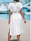 お買い得  プリントドレス-女性用 白いドレス スリット プリント Ｖネック ミディドレス 日常 デート 半袖 夏
