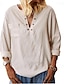 Недорогие Базовые плечевые изделия для женщин-Рубашка Блуза Жен. Бежевый Полотняное плетение Карман Для улицы Повседневные Мода V-образный вырез Стандартный S