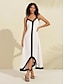 voordelige vrijetijdskleding-Witte maxi-jurk voor dames, satijnen kleurblok vakantiejurk met v-hals