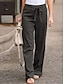 abordables jambe large et taille haute-Femme Ample Pantalon Coton et lin Poche Coupe haute Taille haute Longue Noir Eté