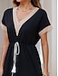 economico abiti semplici-Per donna Vestito nero Mini abito Nappa Pizzo Streetwear Informale A V Manica corta Nero Colore