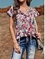 preiswerte Blusen und Hemden für Damen-Damen Hemd Bluse Blumen Täglich Urlaub mit Schnürung Bedruckt Rosa Kurzarm Brautkleider schlicht V Ausschnitt Sommer