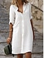 رخيصةأون فساتين تصميم من القطن والكتان-نسائي فستان أبيض شيرت دريس لباس غير رسمي فستان قصير أزرار أساسي مناسب للبس اليومي قبعة القميص 3/4 الكم الصيف الربيع أسود أبيض سهل