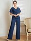 cheap Mother of the Bride Dresses-Two Piece Jumpsuit / Pantsuit Mother of the Bride Dress  Wedding Guest Elegant Vintage Party Jewel Neck V Neck Floor Length Chiffon Short Sleeve Half Sleeve with Sash / Ribbon Ruched Beading 2024