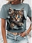 baratos T-Shirts de mulher-Mulheres Camiseta Animal Diário Final de semana Imprimir Azul Manga Curta Moda Decote Redondo 3D cat Verão