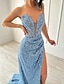cheap Evening Dresses-A-Line Evening Gown Elegant Dress Formal Floor Length Sleeveless Strapless Sequined with Slit 2024