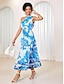 cheap Print Dresses-Women&#039;s Floral Maxi Dress Blue Chiffon A Line Dress Belted One Shoulder Elegant Stylish Vacation Sleeveless Summer