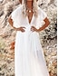 baratos vestidos lisos-Mulheres Vestido branco Vestido Longo Frufru Botão Férias Praia Boêmia Decote V Manga Curta Preto Branco Rosa Cor