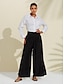 olcso női nadrág-női fekete széles szárú nadrág magas derekú műselyem smocked nadrág